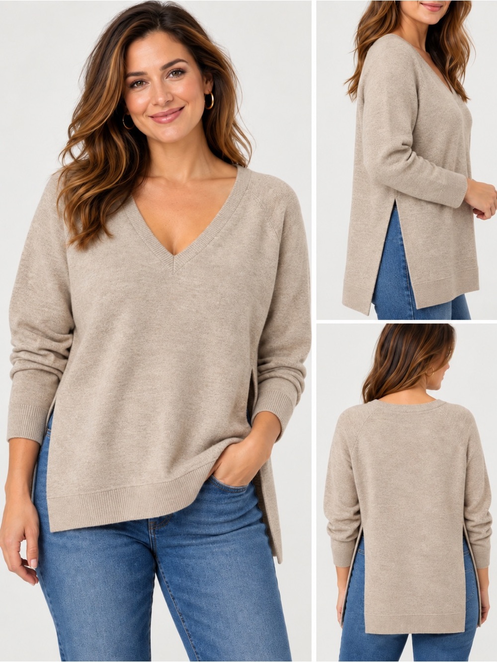 Vineyard Vines V-Neck Cashmere Blend Tunic Sweater in Camel Tan, size M/L